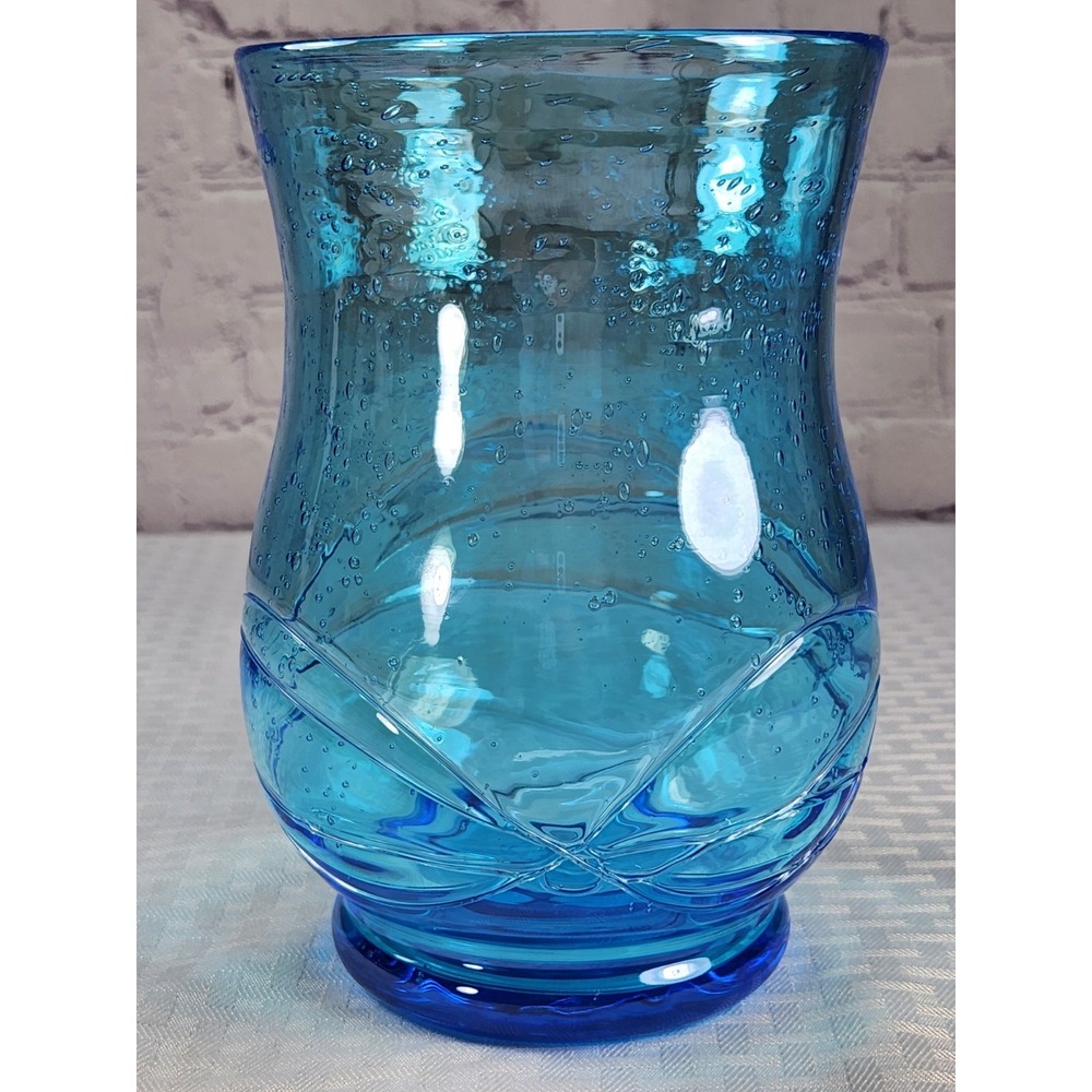 Vintage Blue Blown Glass Handblown Bubble Art Glass Vase String Glass Acc 7.75"